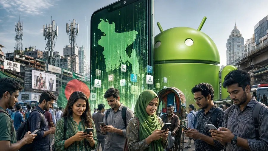 ব্যস্ত একটা বাংলাদেশি রাস্তার ওপর দাঁড়িয়ে থাকা বিশাল এক Android রোবট, সবুজ রঙে Bangladesh-এর মানচিত্র দেখাচ্ছে এমন একটা ফোন