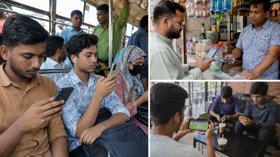 Bangladesh-এ মানুষ বাসে ফোন ব্যবহার করছেন, দোকানে ফোনে পেমেন্ট করছেন আর একটা ক্যাফেতে ফোনে ক্রিকেট দেখছেন