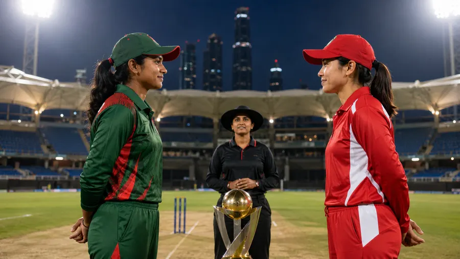 কয়েন টসের সময় Bangladesh ও Indonesia-র অধিনায়ক, মাঝে ম্যাচ ট্রফি, পেছনে দুবাইয়ের স্কাইলাইন