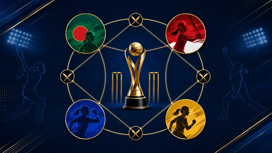 হুইল গ্রাফিক যেখানে Bangladesh, Sri Lanka, UAE আর Indonesia গ্রুপ B ট্রফির চারপাশে দেখানো হয়েছে