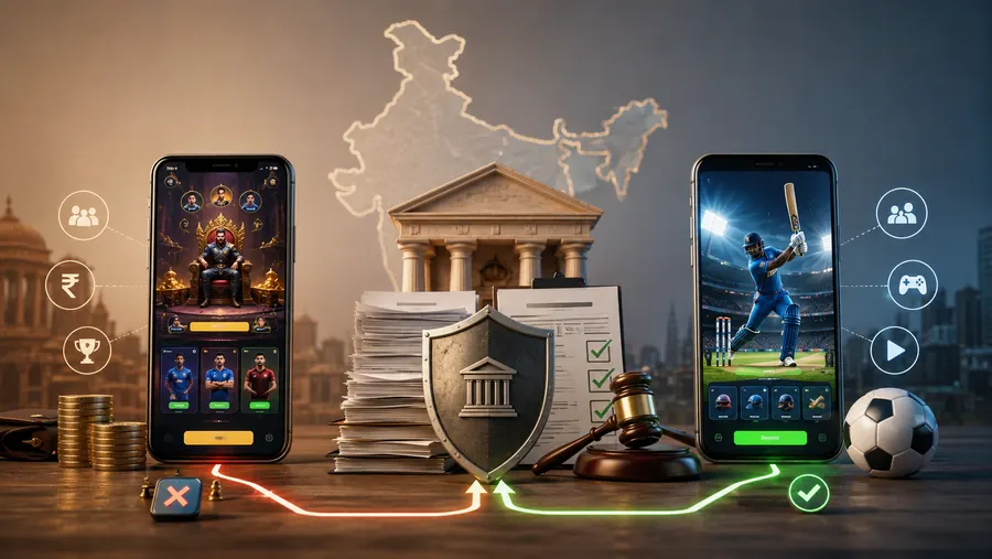 আইনের বই আর গ্যাভেল গ্রাফিকের দুই পাশে একটা real-money gaming অ্যাপ আর একটা free-to-play ক্রিকেট অ্যাপ