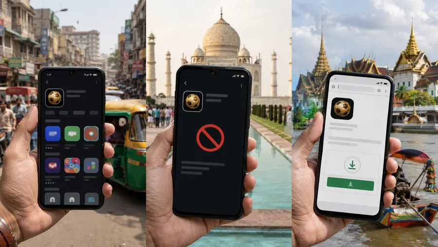 Bangladesh, India আর Thailand-এর শহরের ব্যাকড্রপে তোলা ধরা তিনটা ফোন - একটাতে blocked অ্যাপ দেখাচ্ছে, আরেকটাতে ব্রাউজার থেকে সরাসরি ডাউনলোড