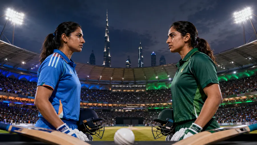 ম্যাচের আগে মুখোমুখি দাঁড়িয়ে থাকা India ও Pakistan-এর খেলোয়াড়রা, পেছনে দুবাইয়ের স্কাইলাইন
