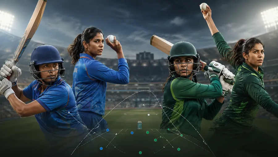 India-র দুই খেলোয়াড় আর Pakistan-এর দুই খেলোয়াড় ব্যাটিং-বোলিং ভঙ্গিতে, সঙ্গে শট-ট্র্যাকিং ওভারলে